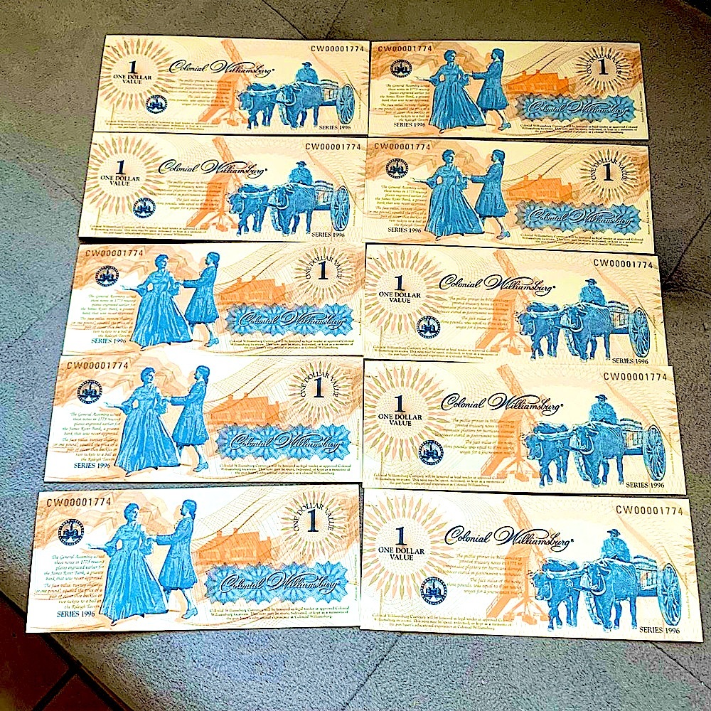 VTG Colonial
Williamsburg Bundle of 10 
One Dollar Bills 1996 in Orig Pamphlet
